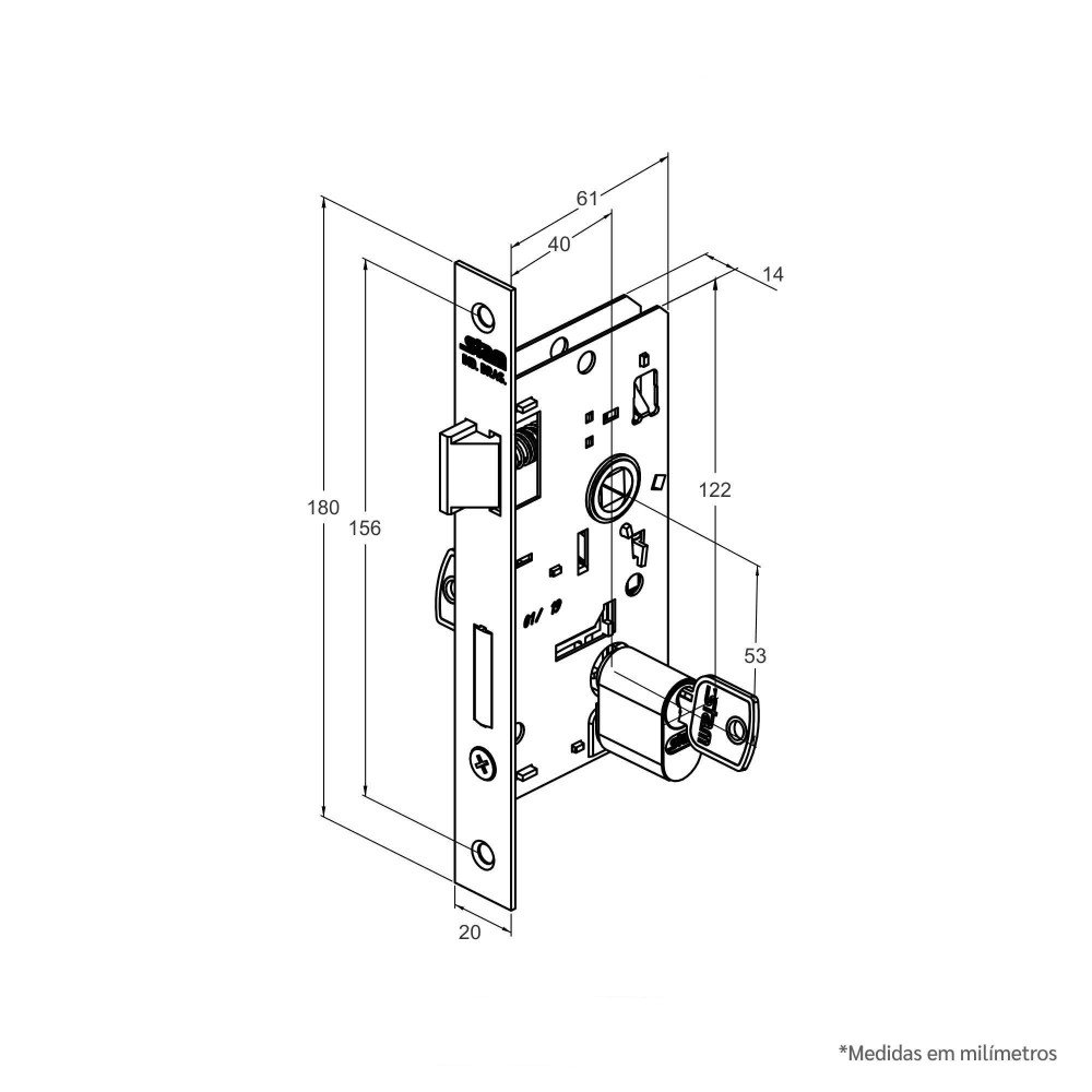 Fechadura Externa Roseta Quadrada Inox detalhe lateral