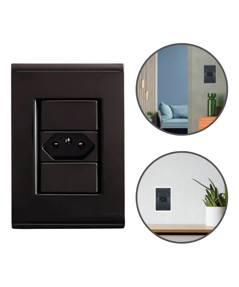 Conjunto 1 Tomada 10A Grafite Tramontina Liz detalhe lateral