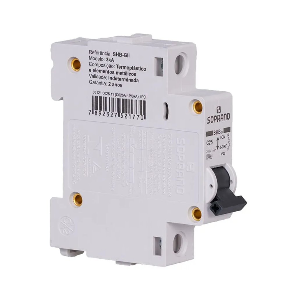 Disjuntor Monopolar SHB GII 25A Soprano detalhe superior
