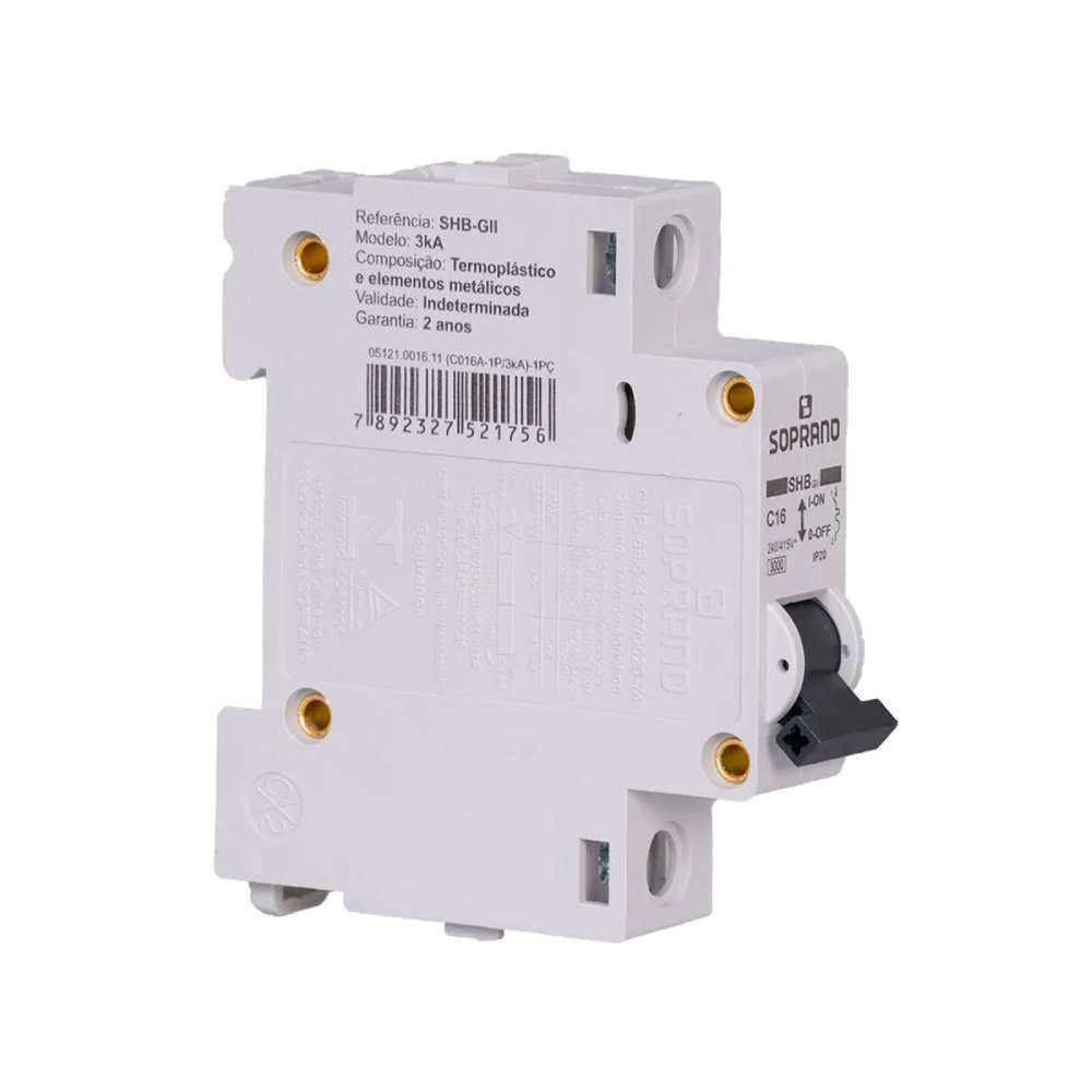Disjuntor Monopolar SHB GII 16A Soprano detalhe lateral